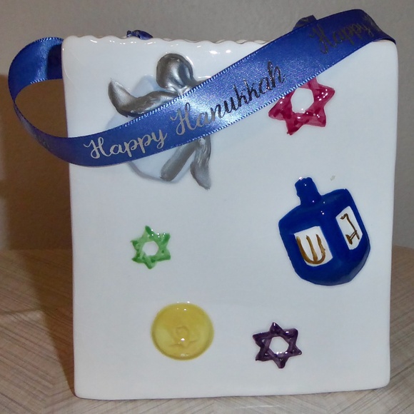 HANUKKAH CANDLE HOLDER BOX CERAMIC POTTERY RIBBON HANDLE GIFT DREIDELS STORAGE - Picture 1 of 6